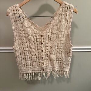 Boho Crochet Fringe Vest Cardigan Cotton Festival Cottagecore Medium